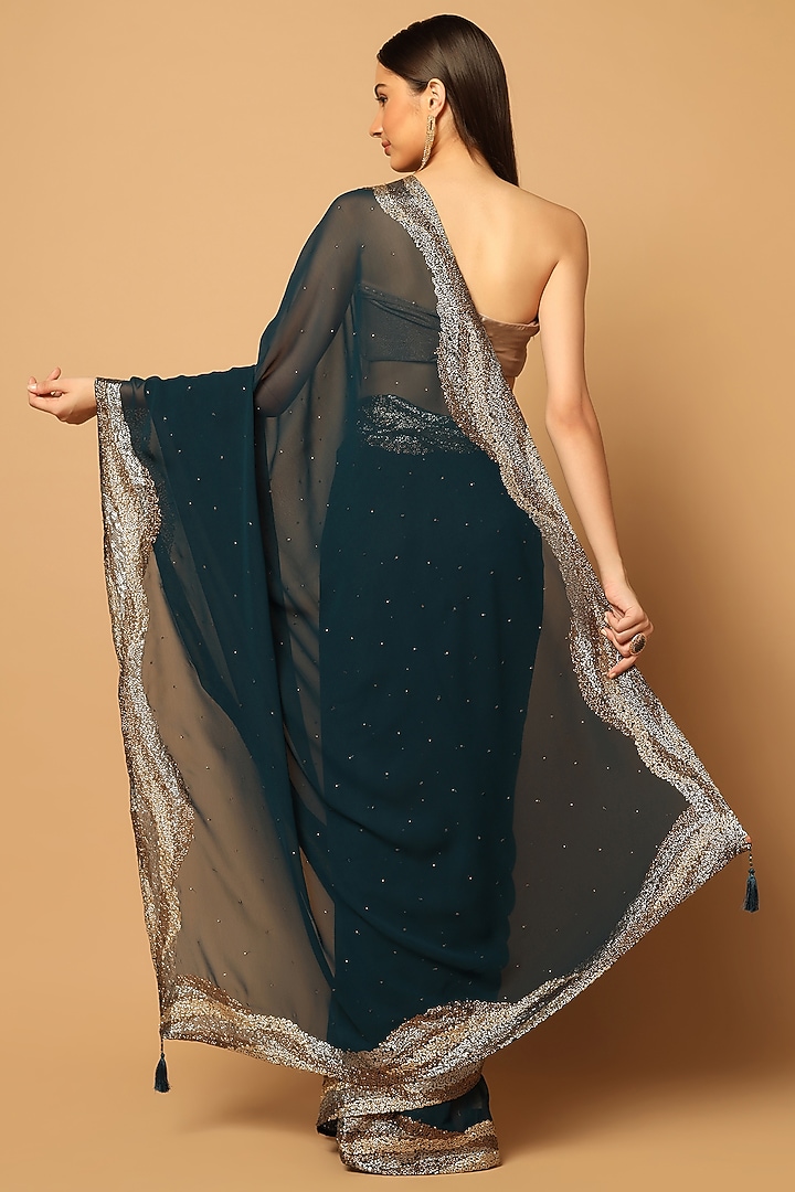 Teal Blue Georgette Embroidered Party Wear Saree Set by Two Sisters By Gyans at Pernia's Pop Up Shop