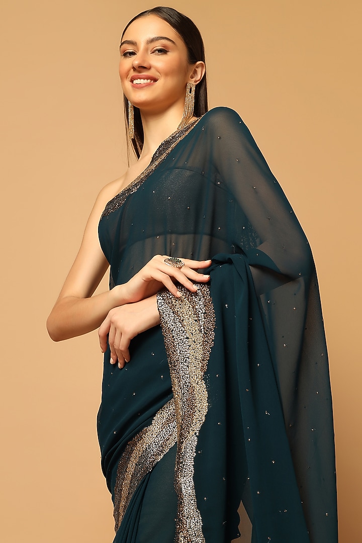 Teal Blue Georgette Embroidered Party Wear Saree Set by Two Sisters By Gyans at Pernia's Pop Up Shop