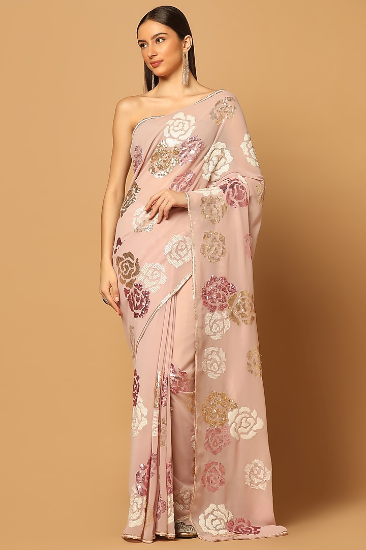 Blush Pink Georgette Embroidered Wedding Saree Set by Two Sisters By Gyans at Pernia's Pop Up Shop