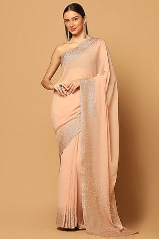 Peach Georgette Embroidered Saree Set by Two Sisters By Gyans