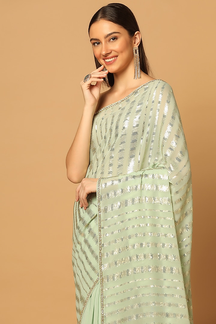 Mint Green Georgette Embroidered Party Wear Saree Set by Two Sisters By Gyans at Pernia's Pop Up Shop