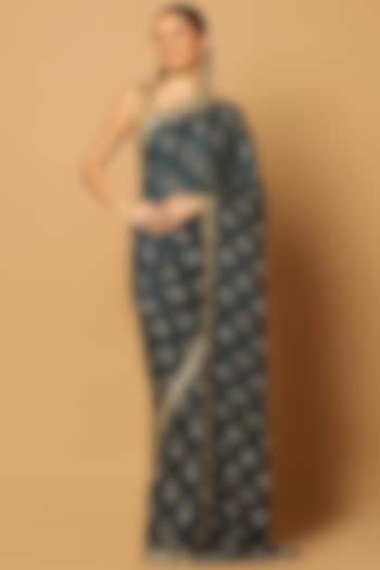 Teal Blue Chinon Embroidered Wedding Saree Set by Two Sisters By Gyans at Pernia's Pop Up Shop