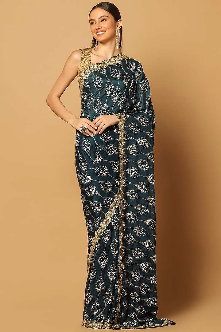 Teal Blue Chinon Embroidered Wedding Saree Set by Two Sisters By Gyans at Pernia's Pop Up Shop