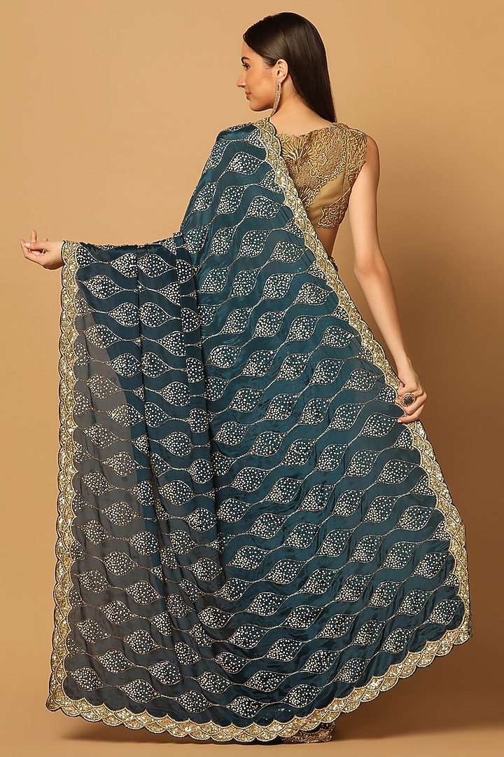 Teal Blue Chinon Embroidered Party Wear Saree Set by Two Sisters By Gyans at Pernia's Pop Up Shop