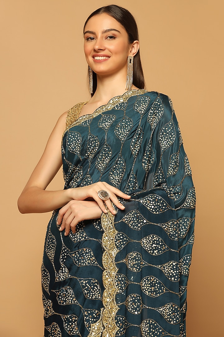 Teal Blue Chinon Embroidered Party Wear Saree Set by Two Sisters By Gyans at Pernia's Pop Up Shop