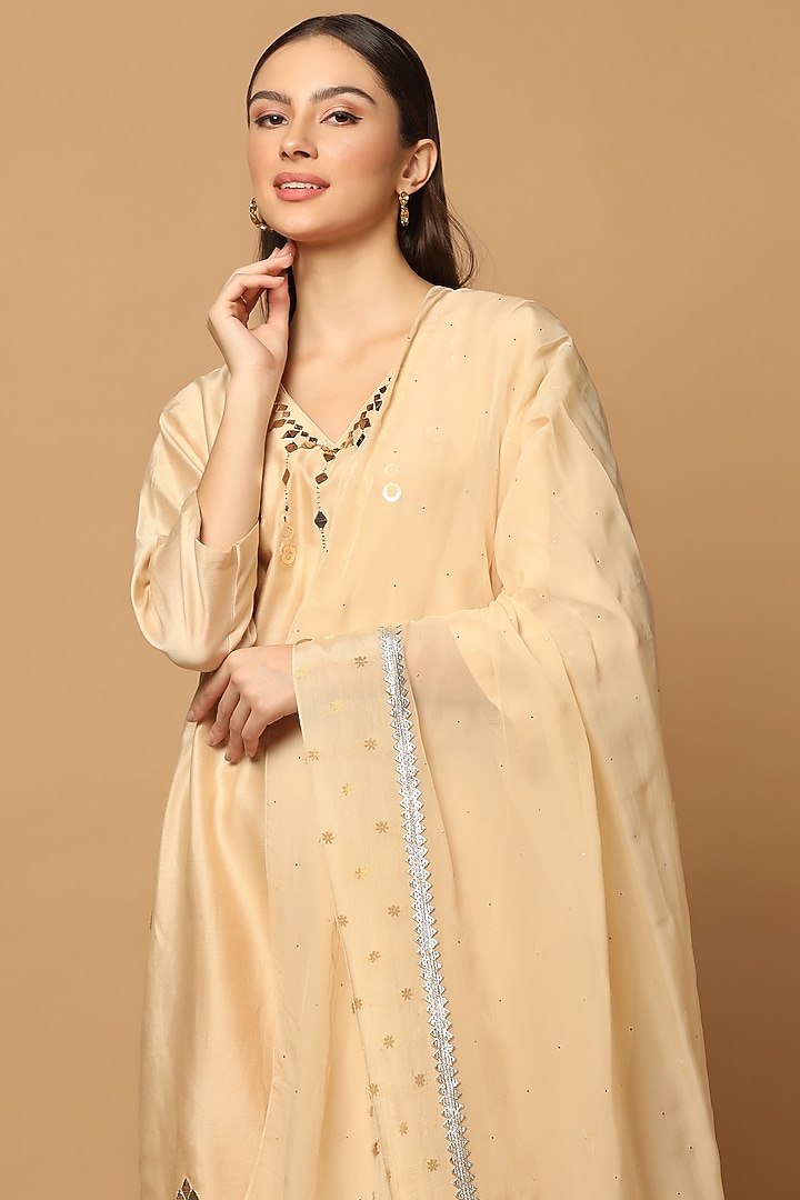 Beige Cotton Chanderi Embroidered Kurta Set by Two Sisters By Gyans at Pernia's Pop Up Shop