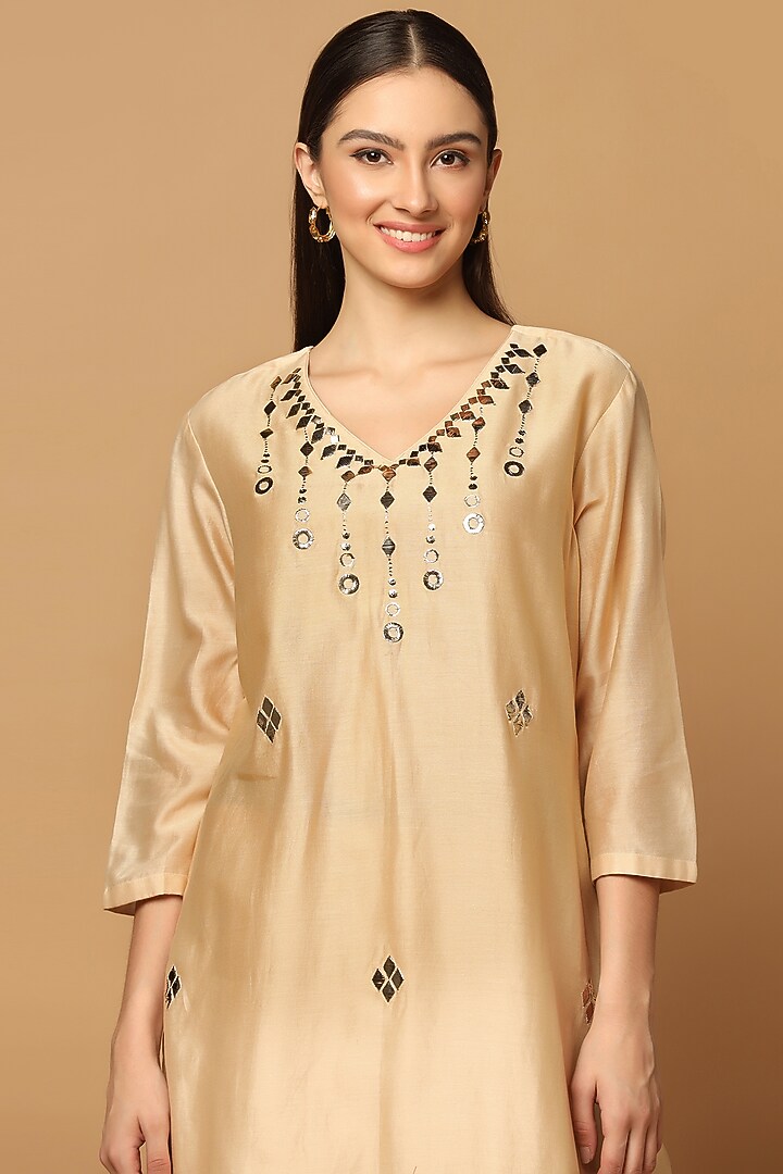 Beige Cotton Chanderi Embroidered Kurta Set by Two Sisters By Gyans at Pernia's Pop Up Shop