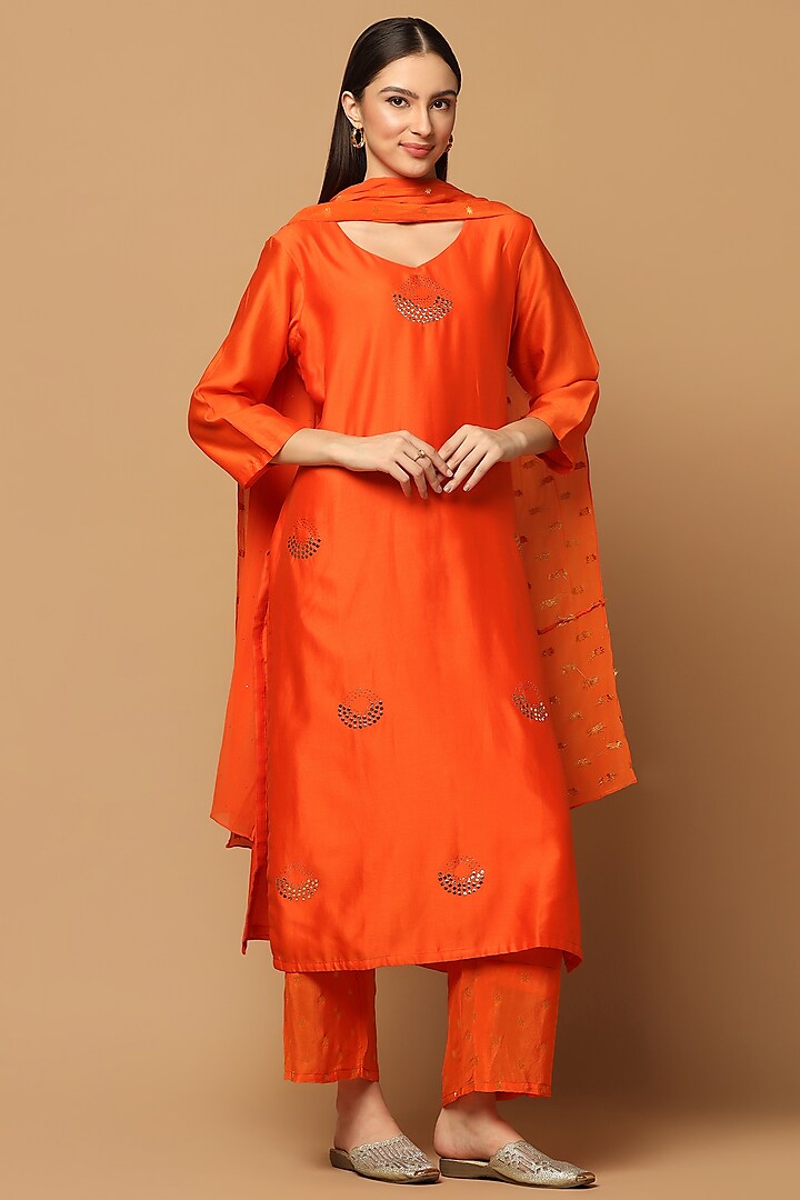Orange Cotton Chanderi Embroidered Kurta Set by Two Sisters By Gyans