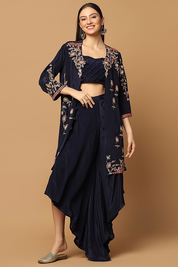 Navy Blue Crepe Embellished Cape Set by Two Sisters By Gyans