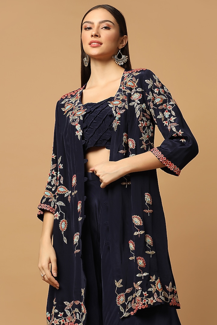 Navy Blue Crepe Embellished Cape Set by Two Sisters By Gyans at Pernia's Pop Up Shop