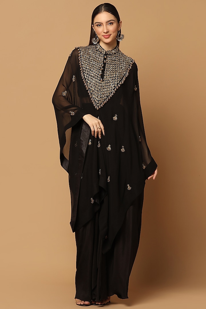 Black Georgette Hand Embroidered Kaftan Cape Set by Two Sisters By Gyans
