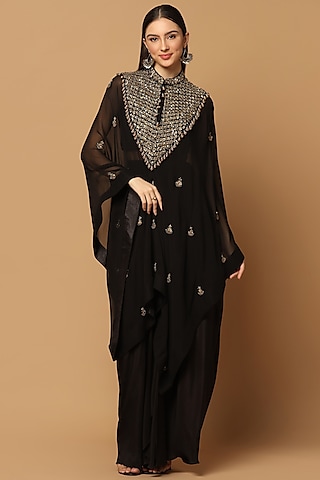 Black Georgette Hand Embroidered Kaftan Cape Set by Two Sisters By