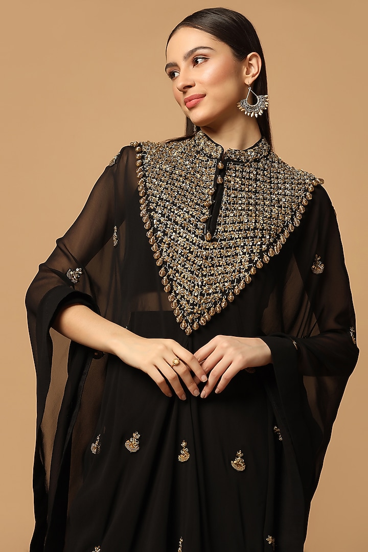 Black Georgette Hand Embroidered Kaftan Cape Set by Two Sisters By Gyans at Pernia's Pop Up Shop