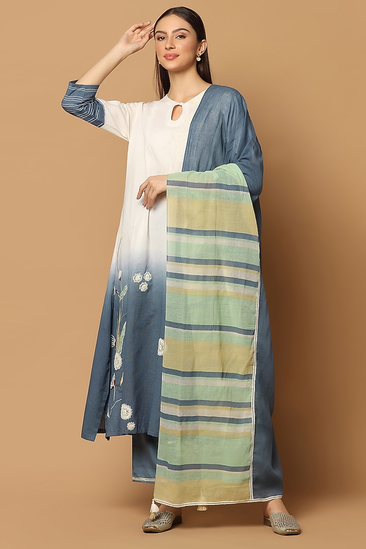 White & Blue Ombre Cotton Floral Applique Embroidered Kurta Set by Two Sisters By Gyans at Pernia's Pop Up Shop