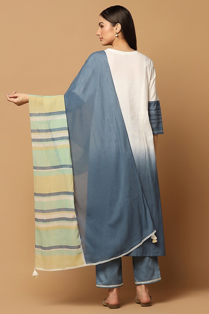White & Blue Ombre Cotton Floral Applique Embroidered Kurta Set by Two Sisters By Gyans at Pernia's Pop Up Shop