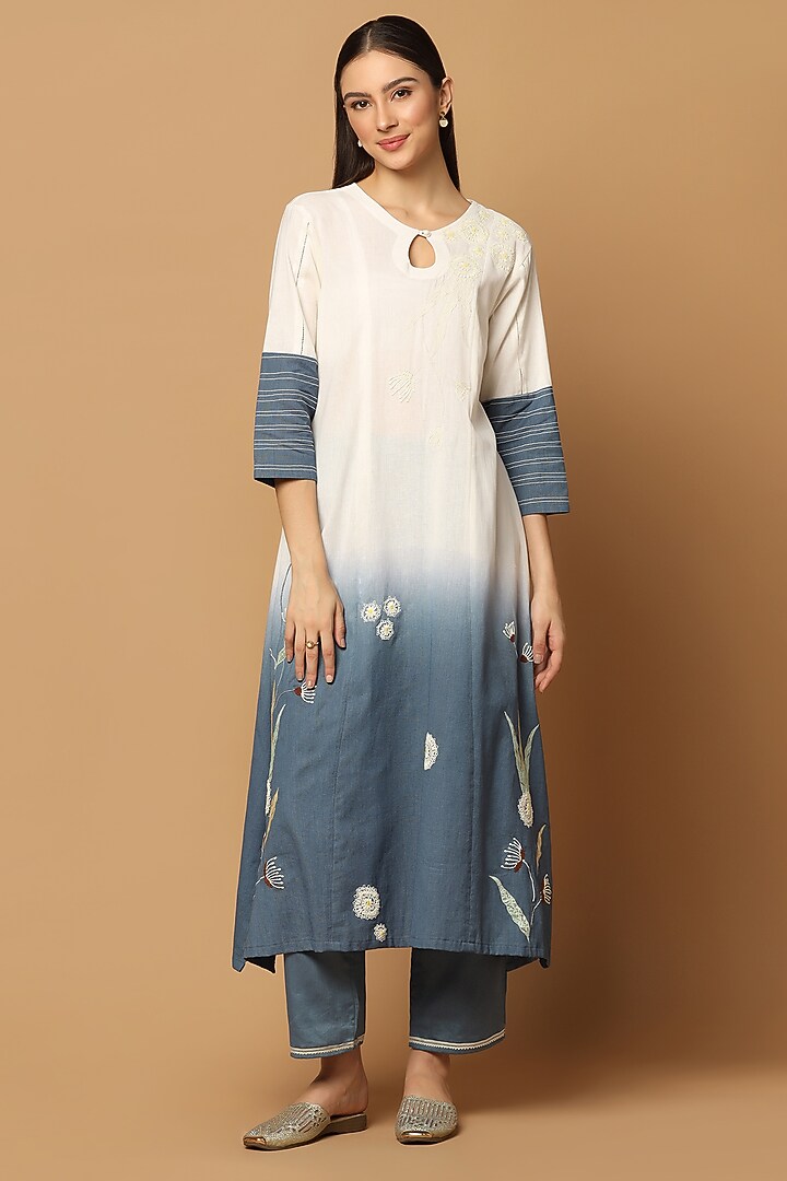 White & Blue Ombre Cotton Floral Applique Embroidered Kurta Set by Two Sisters By Gyans at Pernia's Pop Up Shop