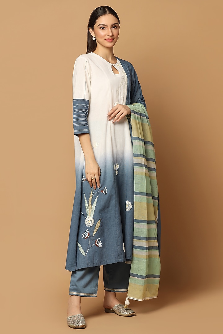 White & Blue Ombre Cotton Floral Applique Embroidered Kurta Set by Two Sisters By Gyans at Pernia's Pop Up Shop