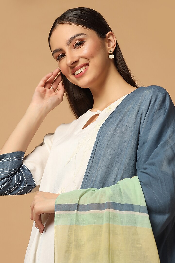 White & Blue Ombre Cotton Floral Applique Embroidered Kurta Set by Two Sisters By Gyans at Pernia's Pop Up Shop