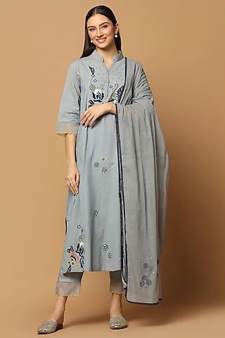 Grey Cotton Thread Embroidered A-Line Kurta Set by Two Sisters By Gyans