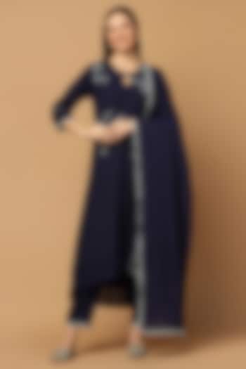 Navy Blue Cotton Resham Embroidered A-line Kurta Set by Two Sisters By Gyans at Pernia's Pop Up Shop