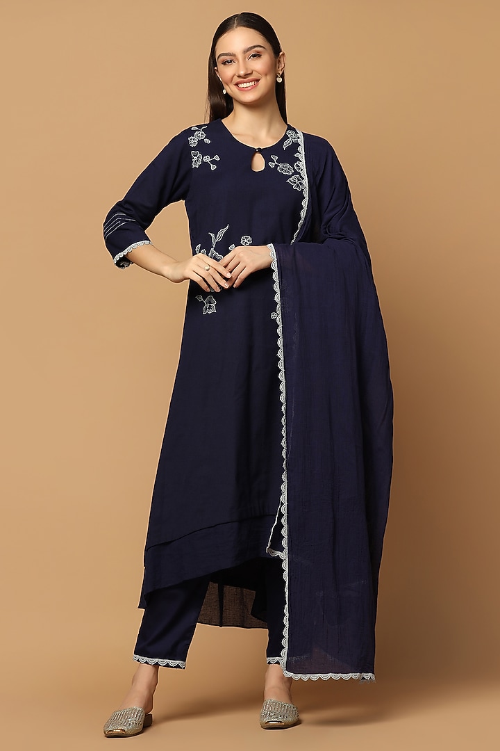 Navy Blue Cotton Resham Embroidered A-line Kurta Set by Two Sisters By Gyans at Pernia's Pop Up Shop