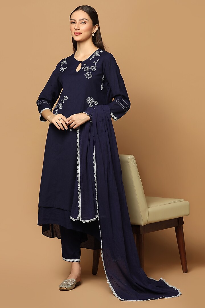 Navy Blue Cotton Resham Embroidered A-line Kurta Set by Two Sisters By Gyans at Pernia's Pop Up Shop