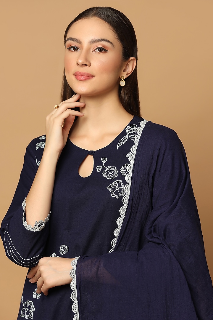 Navy Blue Cotton Resham Embroidered A-line Kurta Set by Two Sisters By Gyans at Pernia's Pop Up Shop
