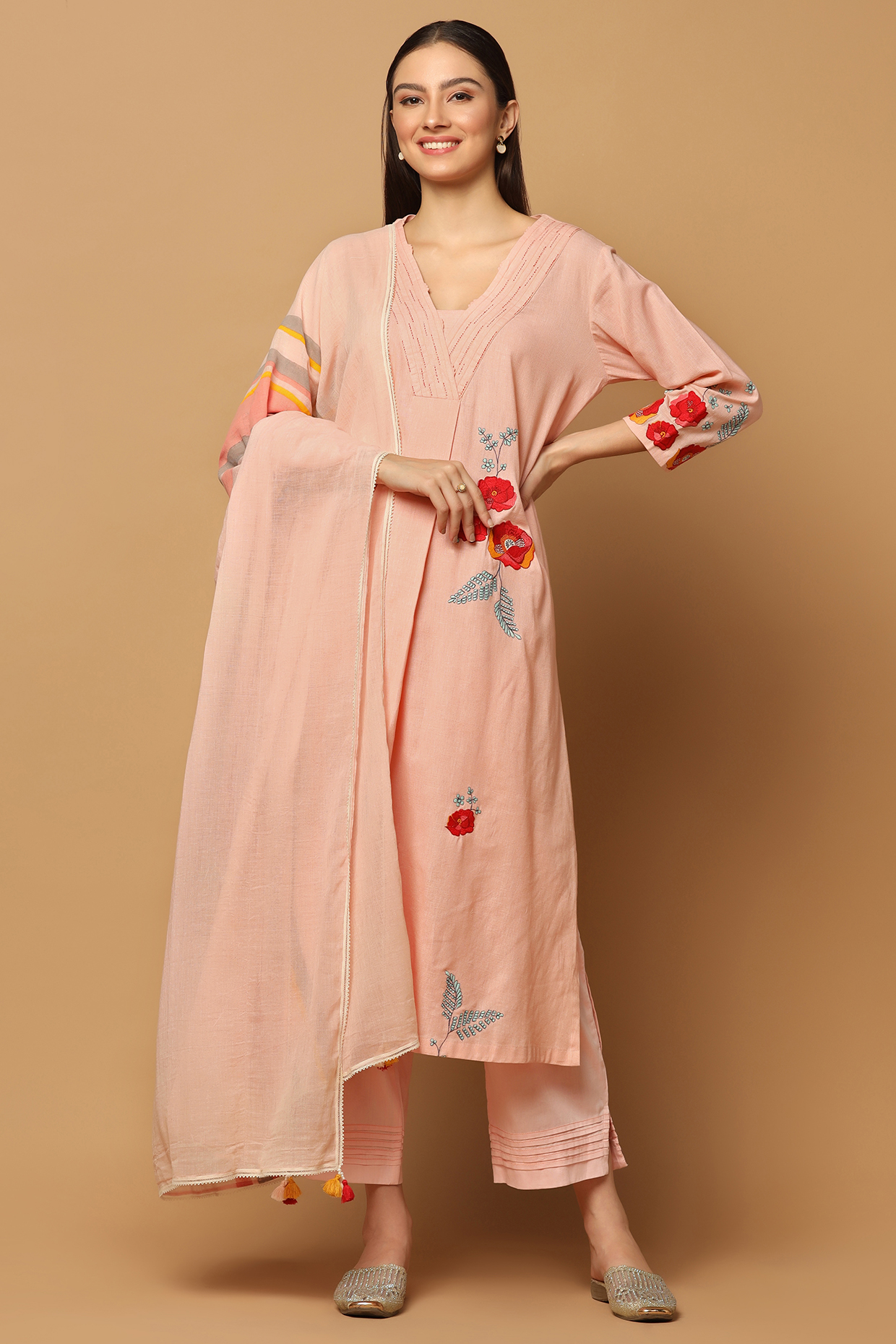 Peach Cotton Resham Embroidered A-line Kurta Set by Two Sisters By Gyans at Pernia's Pop Up Shop