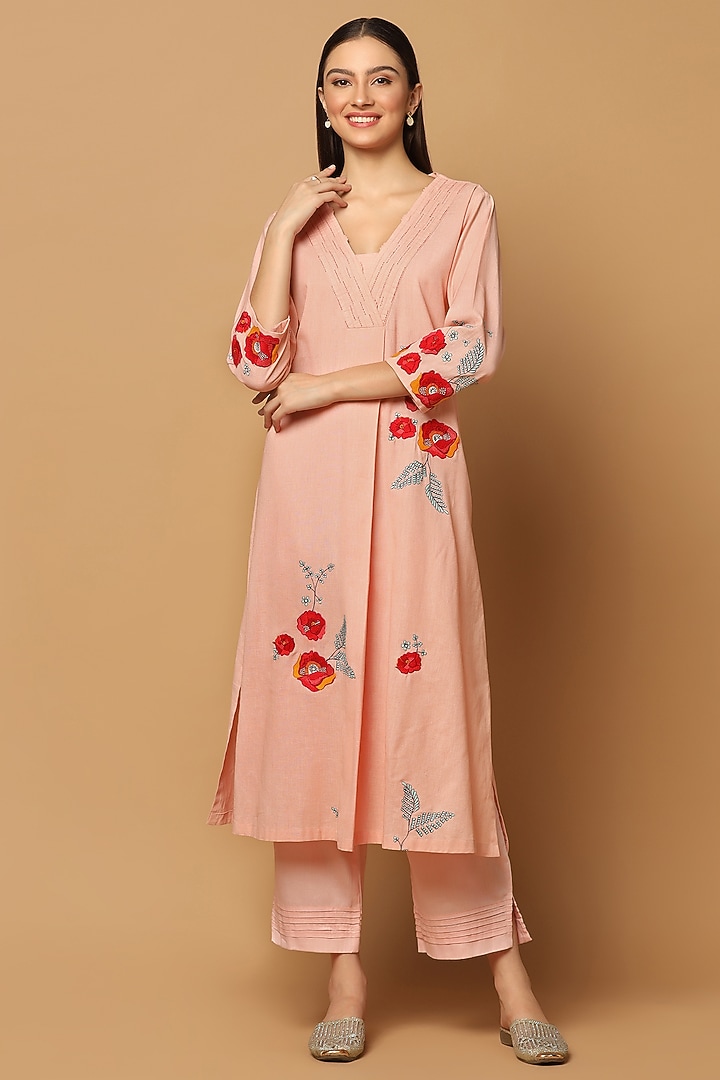 Peach Cotton Resham Embroidered A-line Kurta Set by Two Sisters By Gyans at Pernia's Pop Up Shop