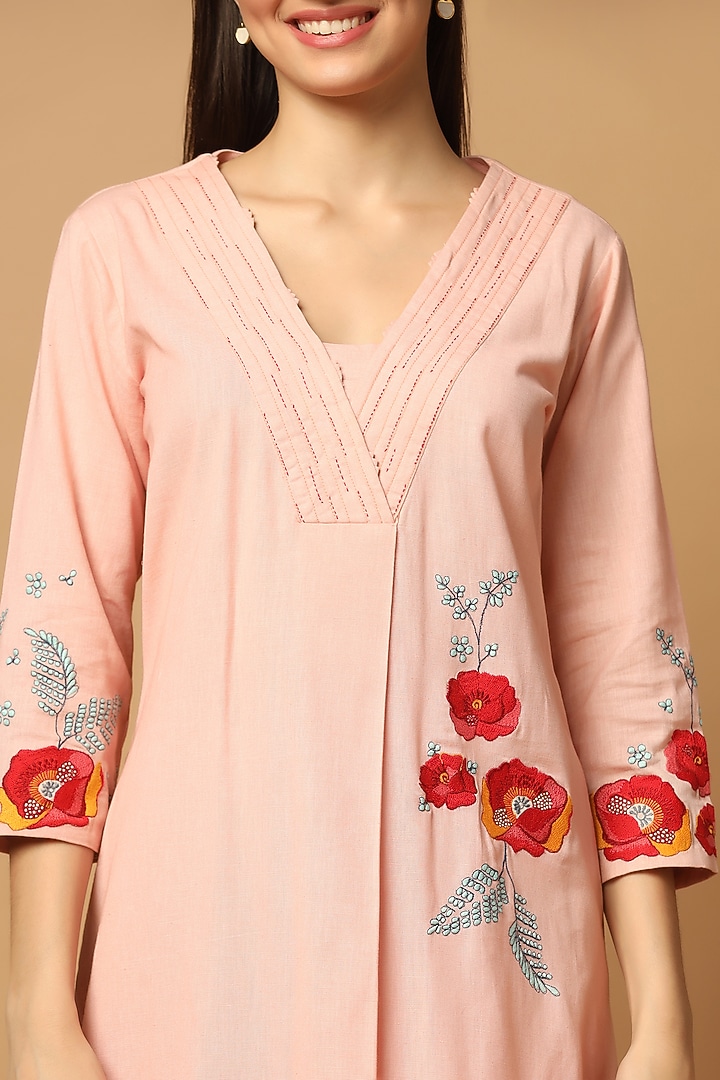 Peach Cotton Resham Embroidered A-line Kurta Set by Two Sisters By Gyans at Pernia's Pop Up Shop