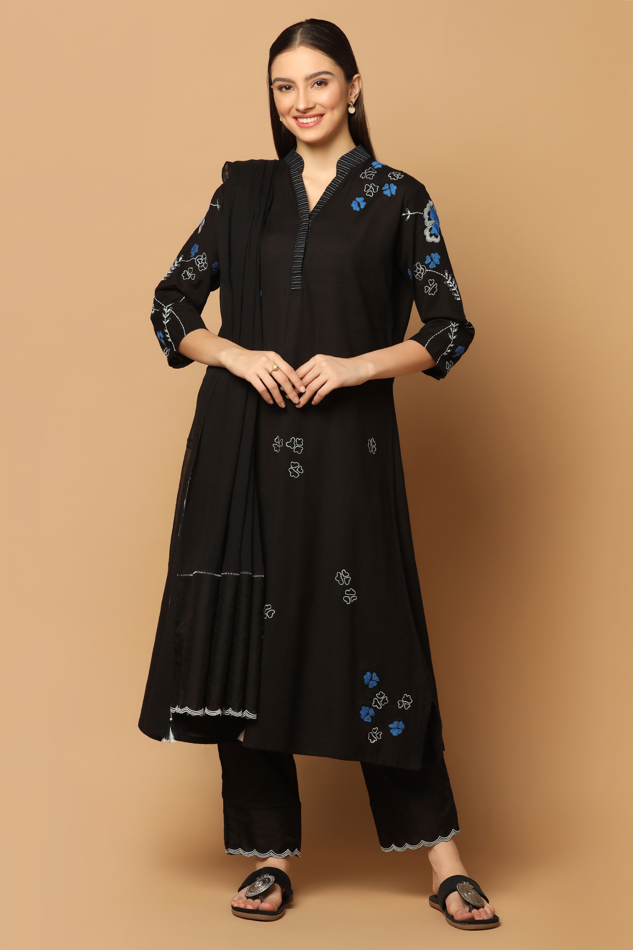 Black Cotton Resham Embroidered A-line Kurta Set by Two Sisters By Gyans at Pernia's Pop Up Shop