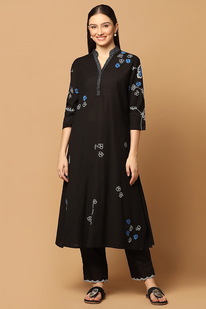 Black Cotton Resham Embroidered A-line Kurta Set by Two Sisters By Gyans at Pernia's Pop Up Shop