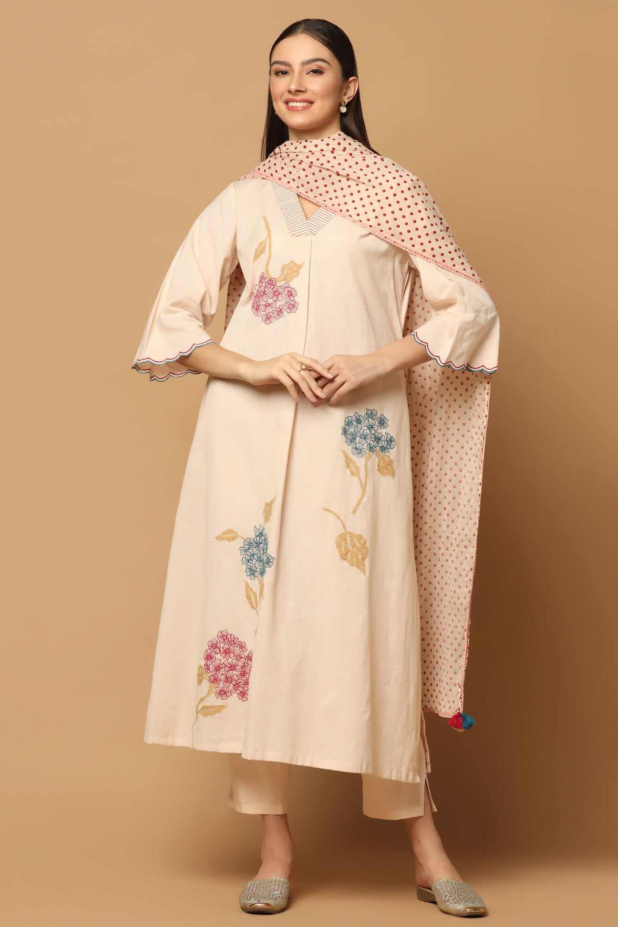 Nude Peach Cotton Applique Embroidered A-line Kurta Set by Two Sisters By Gyans at Pernia's Pop Up Shop