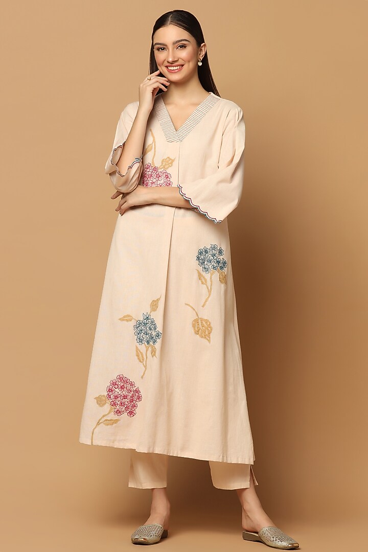 Nude Peach Cotton Applique Embroidered A-line Kurta Set by Two Sisters By Gyans at Pernia's Pop Up Shop