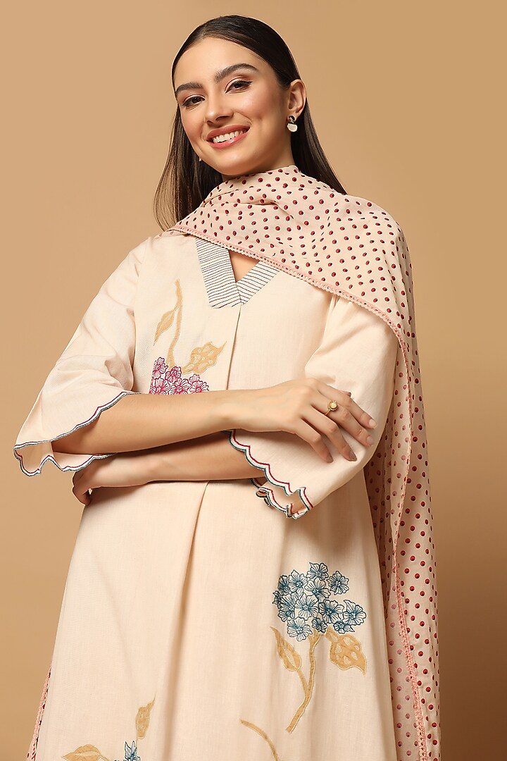 Nude Peach Cotton Applique Embroidered A-line Kurta Set by Two Sisters By Gyans at Pernia's Pop Up Shop