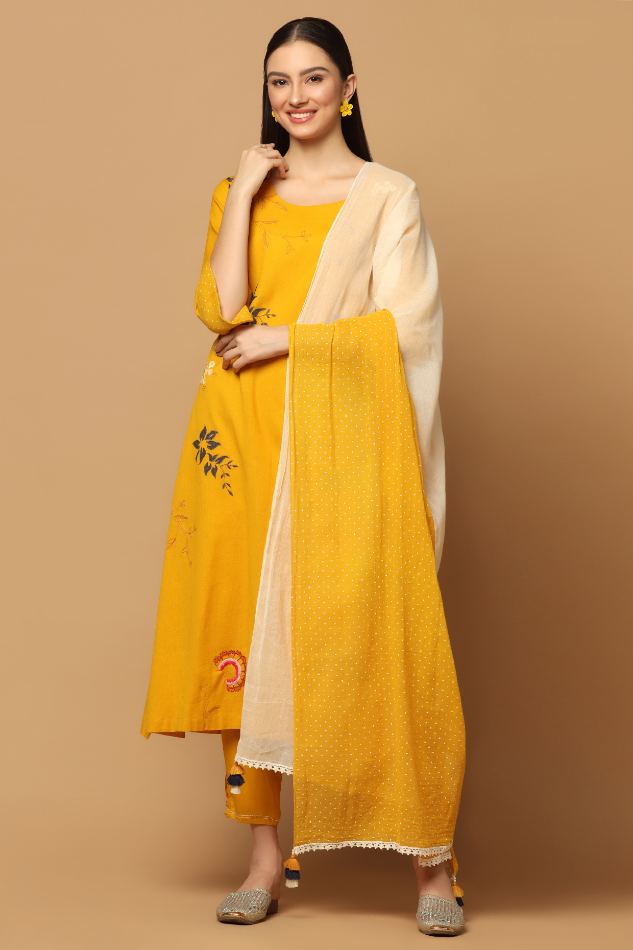 Mustard Cotton Applique Embroidered A-line Kurta Set by Two Sisters By Gyans at Pernia's Pop Up Shop