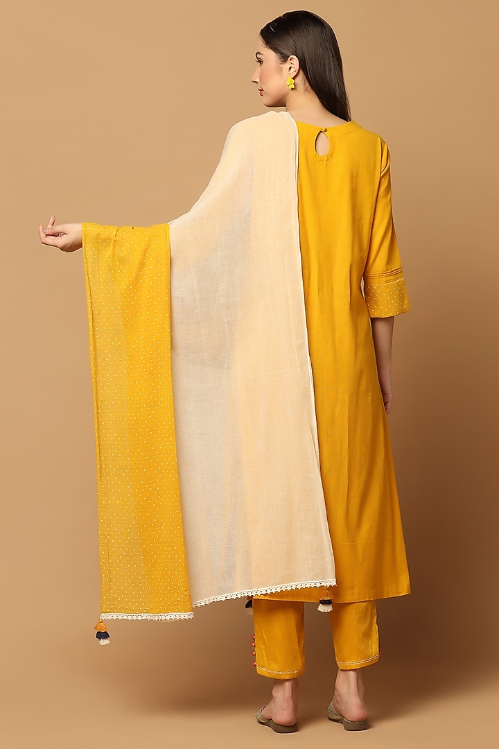 Mustard Cotton Applique Embroidered A-line Kurta Set by Two Sisters By Gyans at Pernia's Pop Up Shop