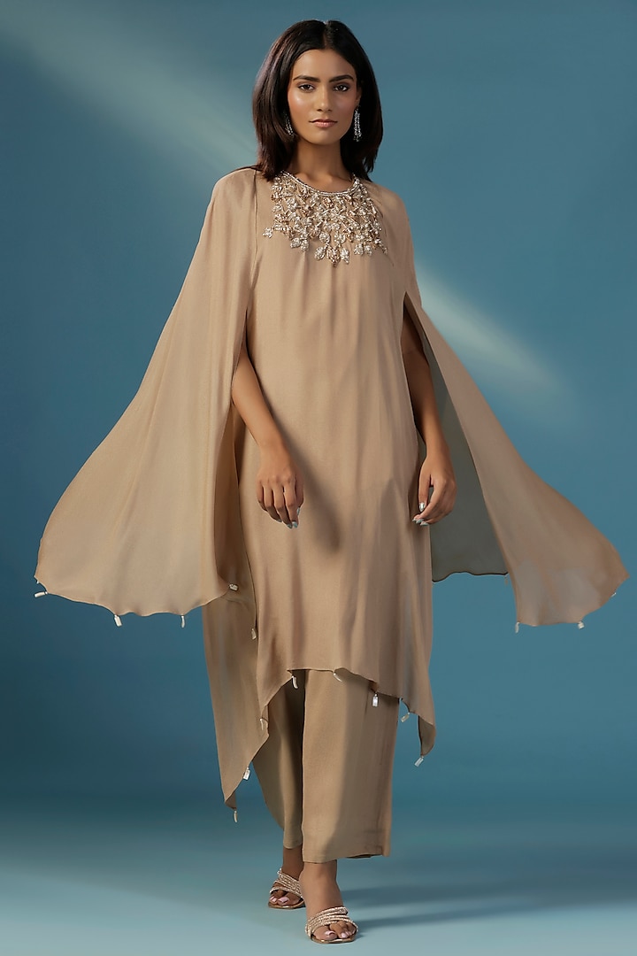 Gold Shimmer Georgette Zardosi Hand Embroidered Cape Kurta Set by Two Sisters By Gyans at Pernia's Pop Up Shop