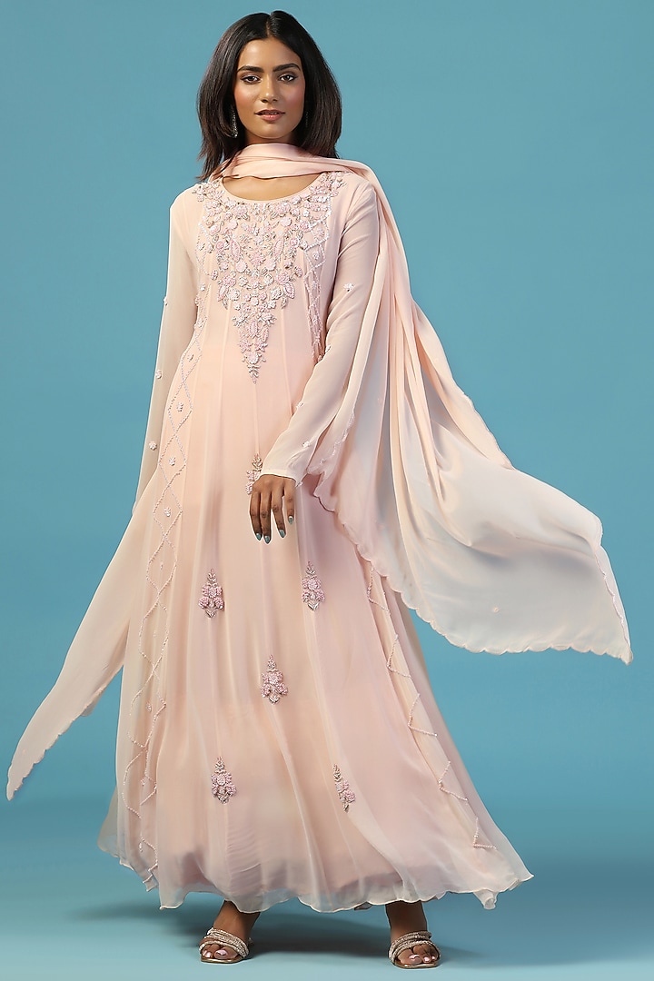 Pink Georgette Thread Hand Embroidered Wedding Anarkali Set by Two Sisters By Gyans at Pernia's Pop Up Shop