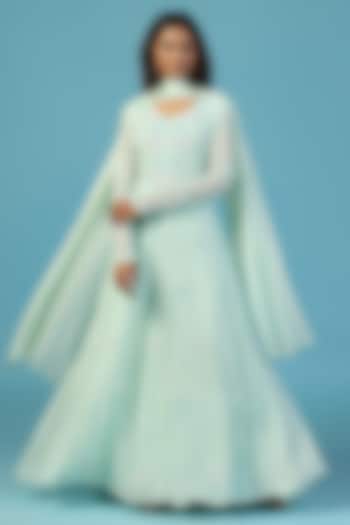 Soft Blue Pure Georgette Hand Embroidered Wedding Anarkali Set by Two Sisters By Gyans at Pernia's Pop Up Shop