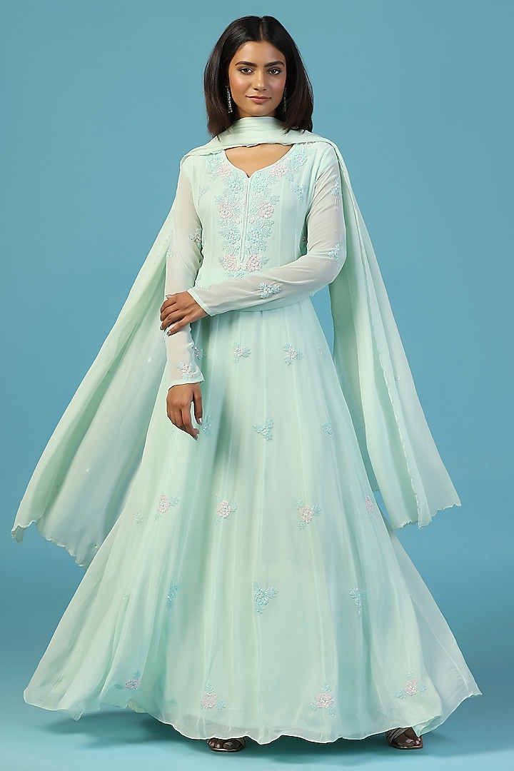 Soft Blue Pure Georgette Hand Embroidered Wedding Anarkali Set by Two Sisters By Gyans at Pernia's Pop Up Shop