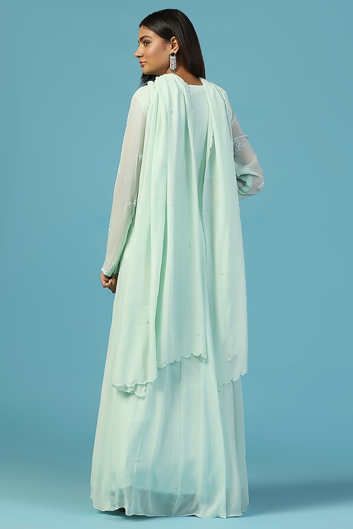 Soft Blue Pure Georgette Hand Embroidered Wedding Anarkali Set by Two Sisters By Gyans at Pernia's Pop Up Shop