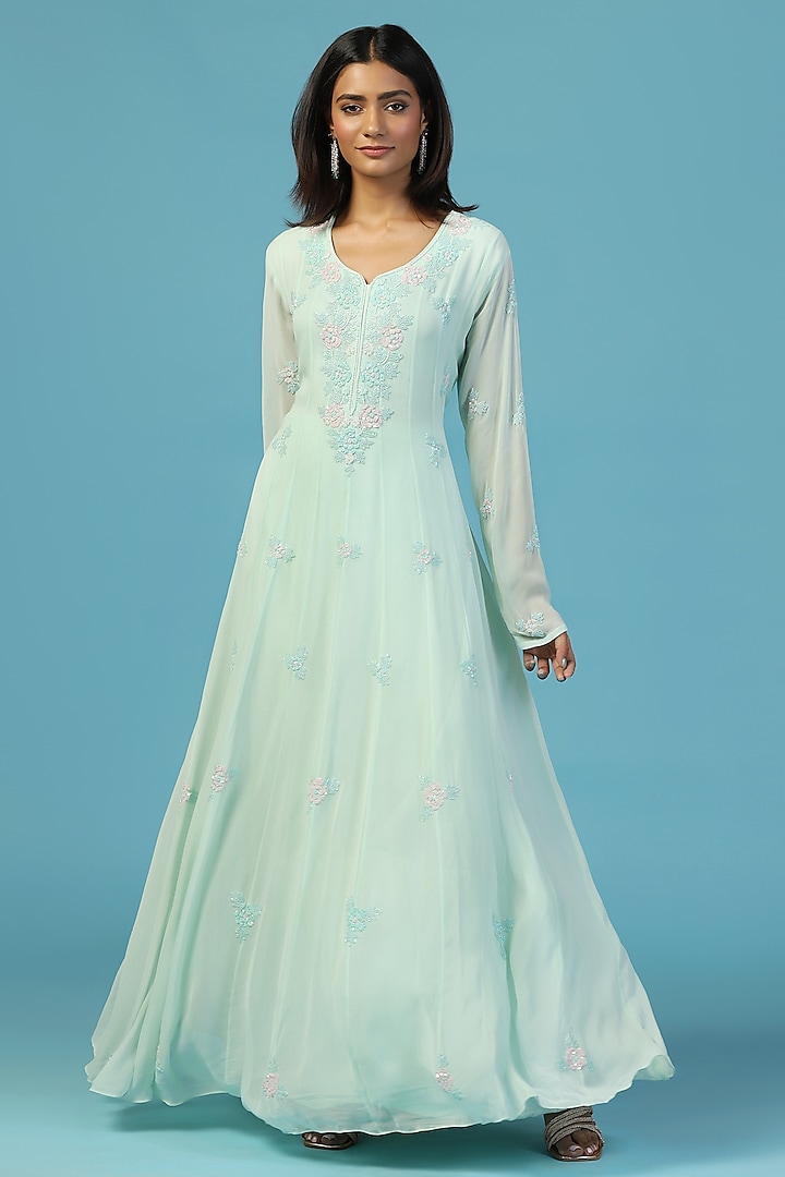 Soft Blue Pure Georgette Hand Embroidered Wedding Anarkali Set by Two Sisters By Gyans at Pernia's Pop Up Shop