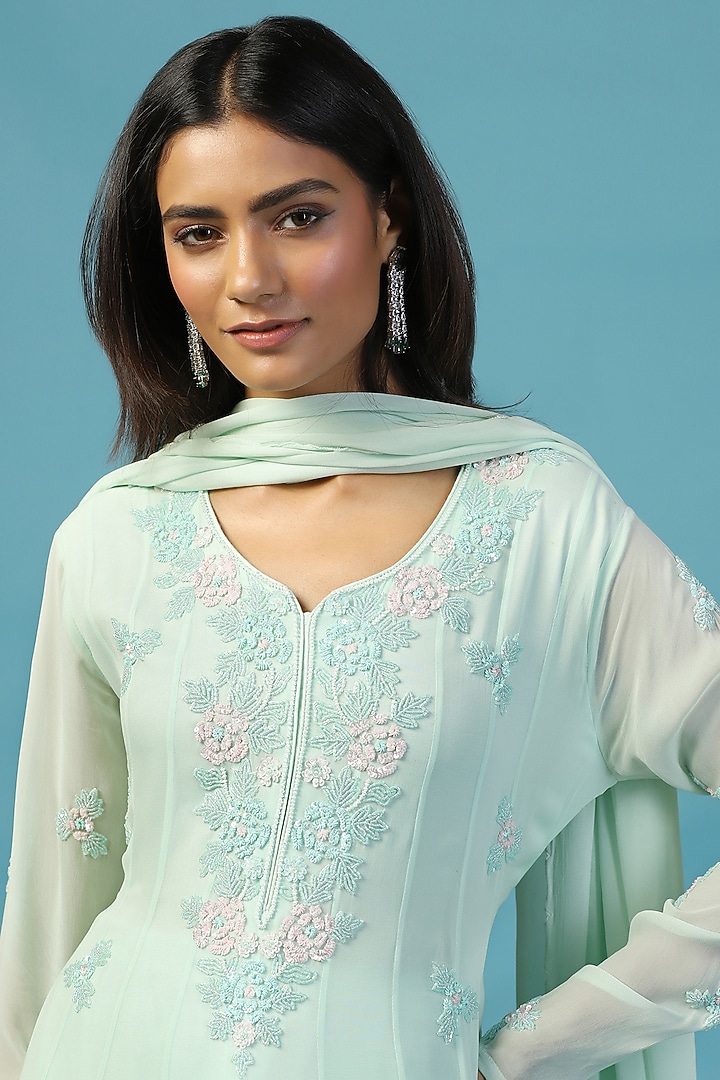 Soft Blue Pure Georgette Hand Embroidered Wedding Anarkali Set by Two Sisters By Gyans at Pernia's Pop Up Shop