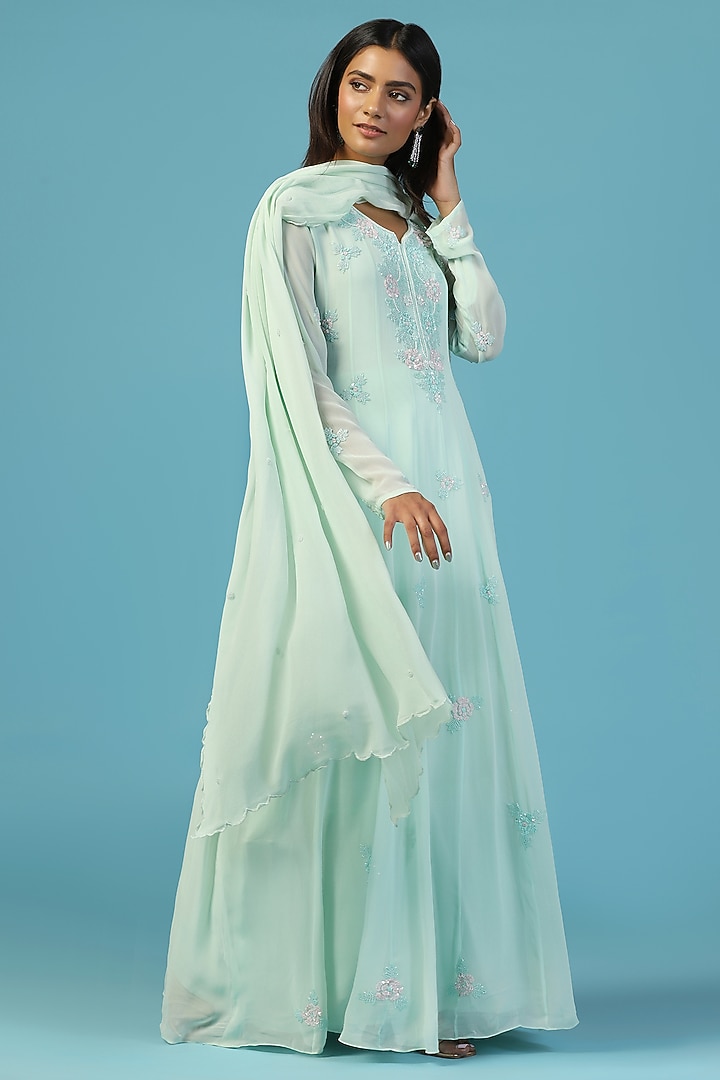 Soft Blue Pure Georgette Hand Embroidered Wedding Anarkali Set by Two Sisters By Gyans at Pernia's Pop Up Shop