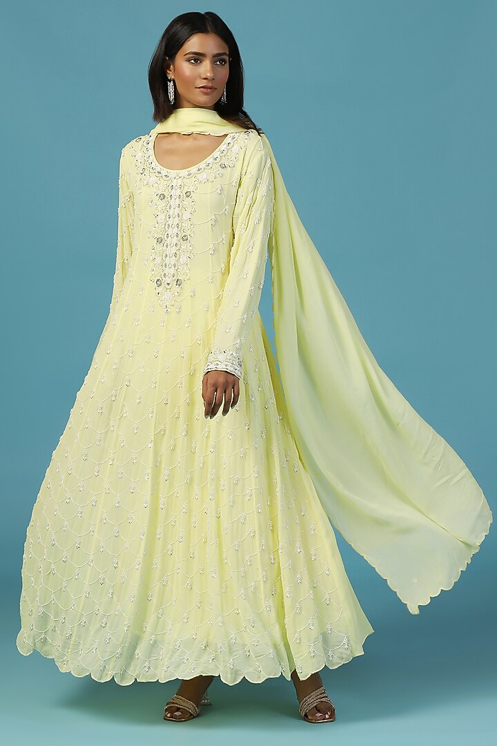 Lemon Yellow Pure Georgette Hand Embroidered Wedding Anarkali Set by Two Sisters By Gyans at Pernia's Pop Up Shop