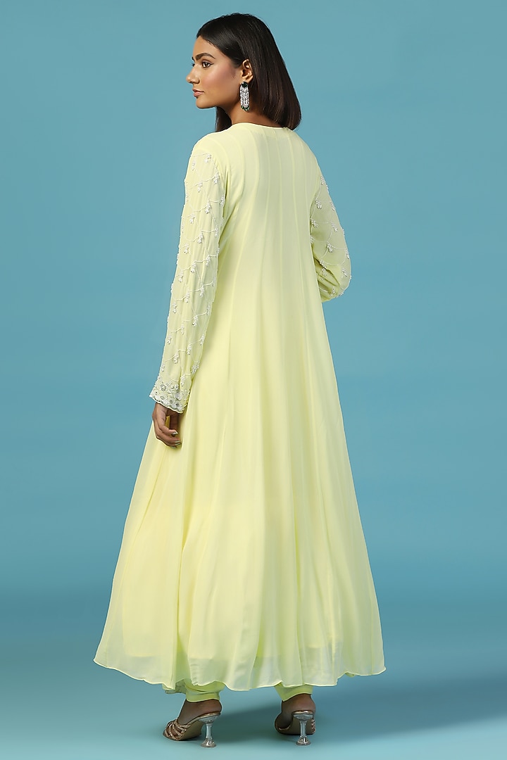 Lemon Yellow Pure Georgette Hand Embroidered Wedding Anarkali Set by Two Sisters By Gyans at Pernia's Pop Up Shop