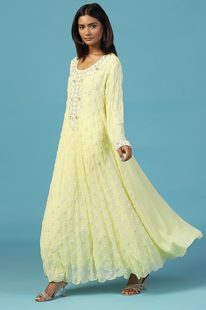 Lemon Yellow Pure Georgette Hand Embroidered Wedding Anarkali Set by Two Sisters By Gyans at Pernia's Pop Up Shop