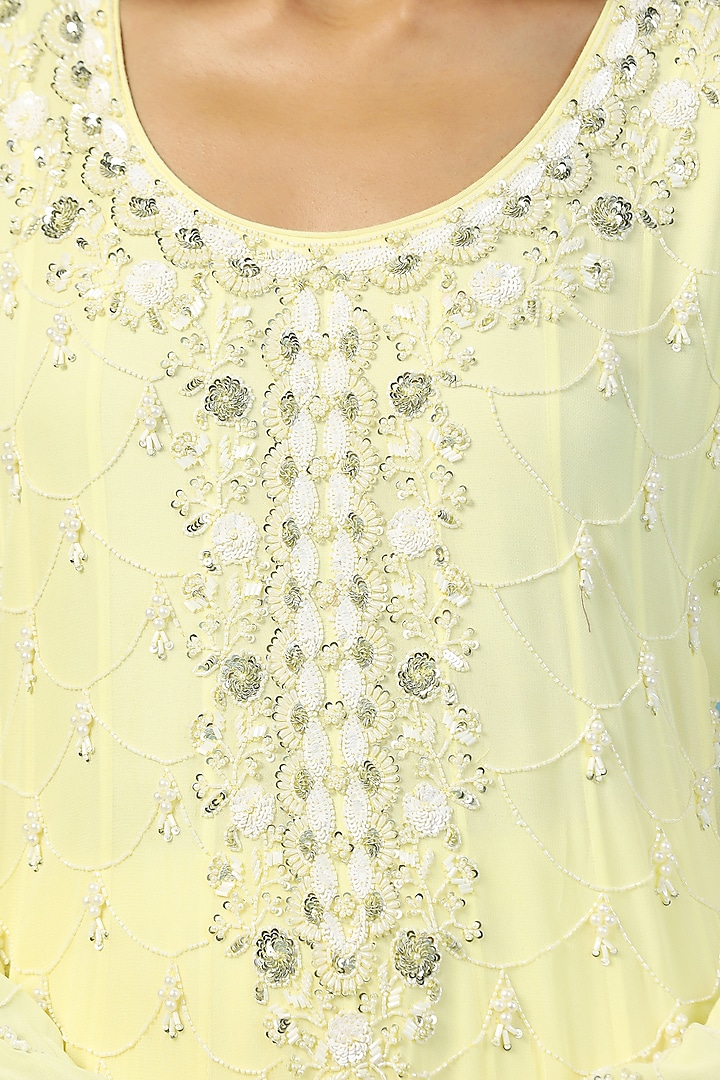 Lemon Yellow Pure Georgette Hand Embroidered Wedding Anarkali Set by Two Sisters By Gyans at Pernia's Pop Up Shop