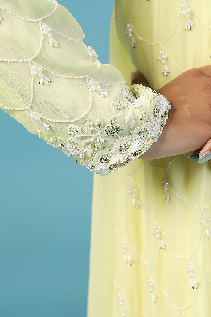 Lemon Yellow Pure Georgette Hand Embroidered Wedding Anarkali Set by Two Sisters By Gyans at Pernia's Pop Up Shop